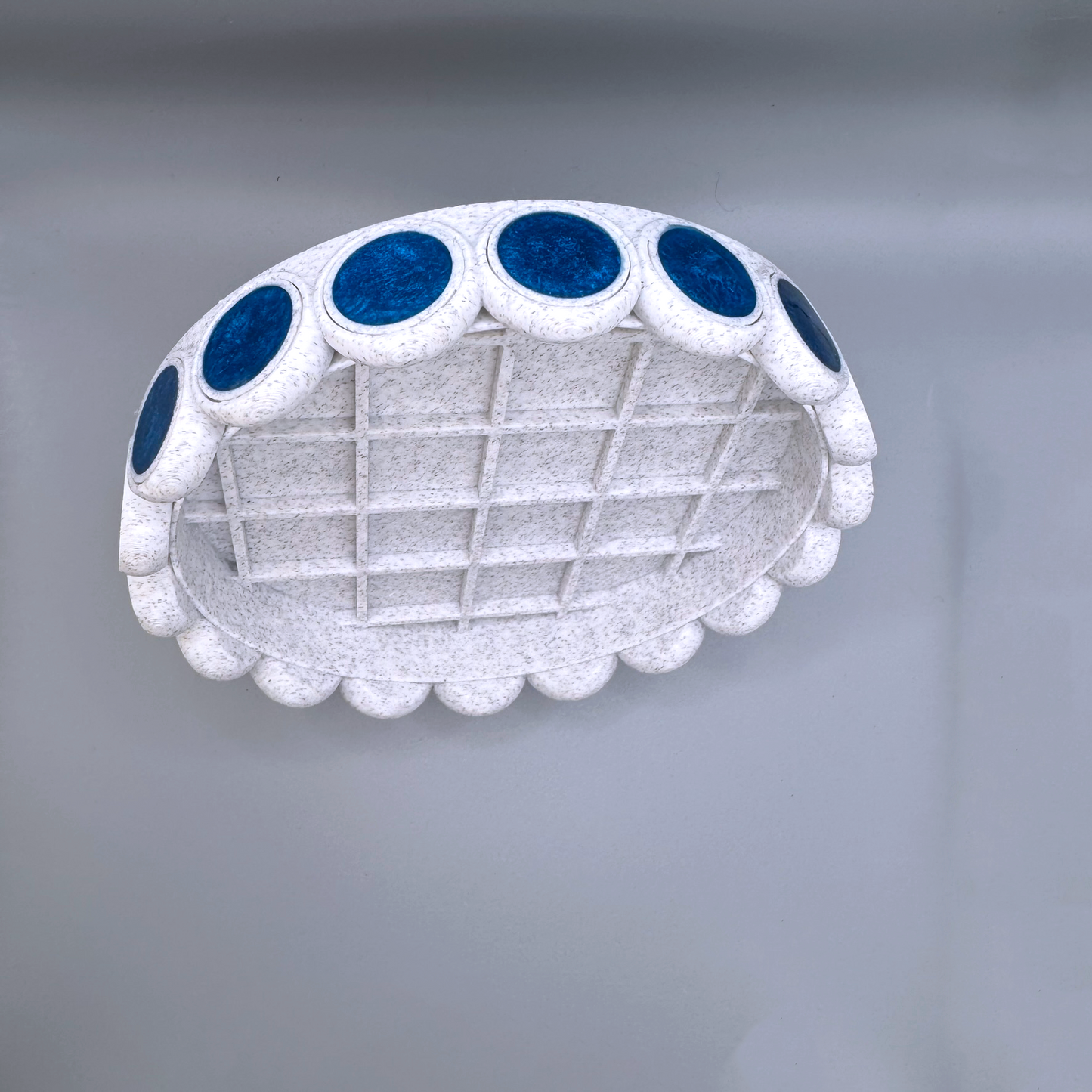 Round 5in white Drip Tray with Repeating Blue Circular Disc Design, planter drip tray, water catcher, water dish