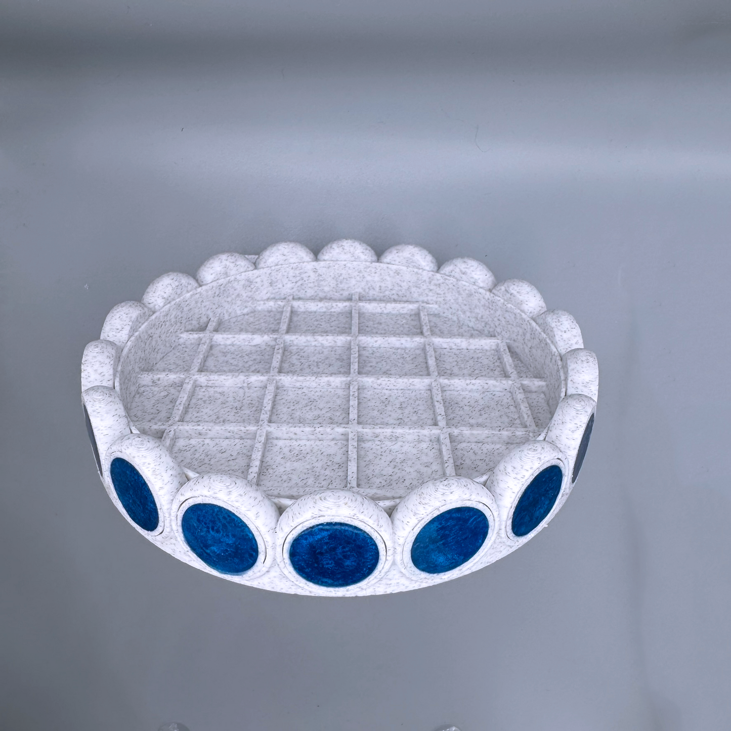 Round 5in white Drip Tray with Repeating Blue Circular Disc Design, planter drip tray, water catcher, water dish