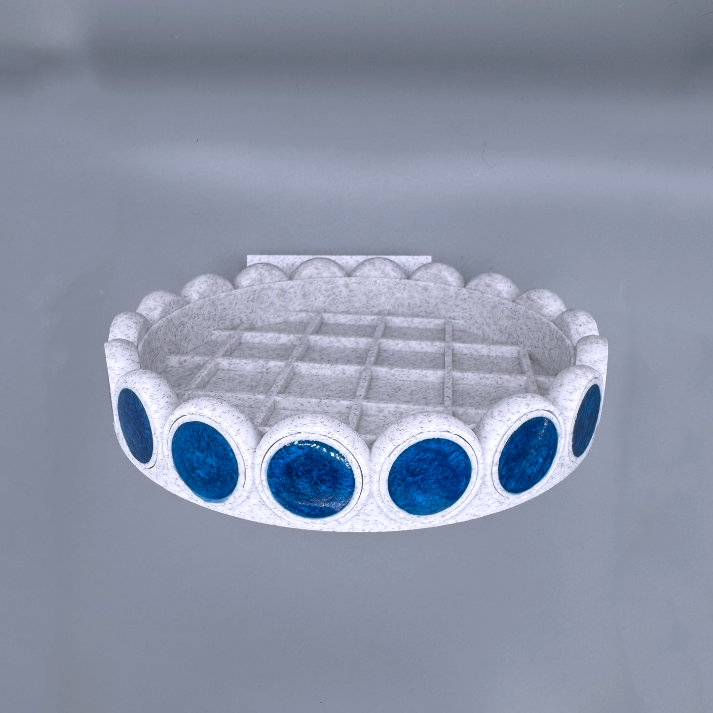 Round 5in white Drip Tray with Repeating Blue Circular Disc Design, planter drip tray, water catcher, water dish