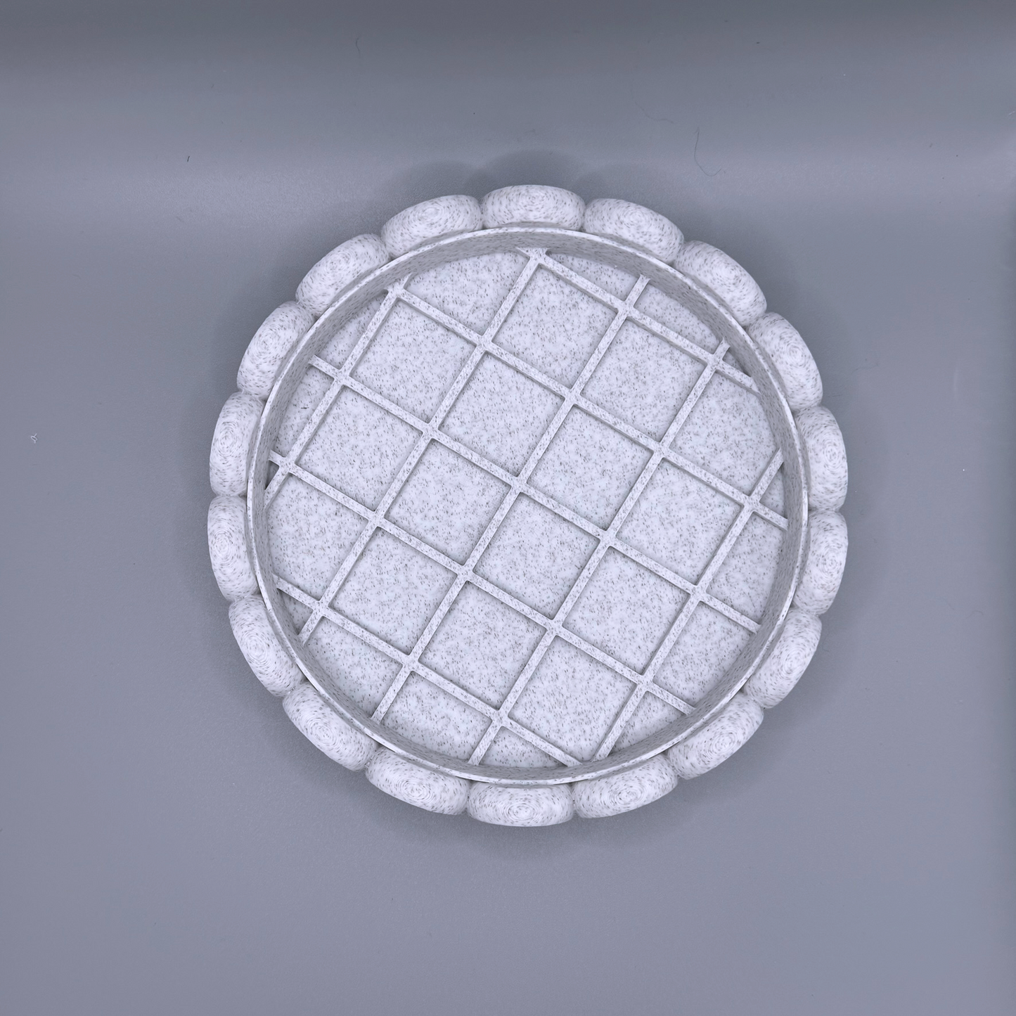 Round 5in white Drip Tray with Repeating Blue Circular Disc Design, planter drip tray, water catcher, water dish