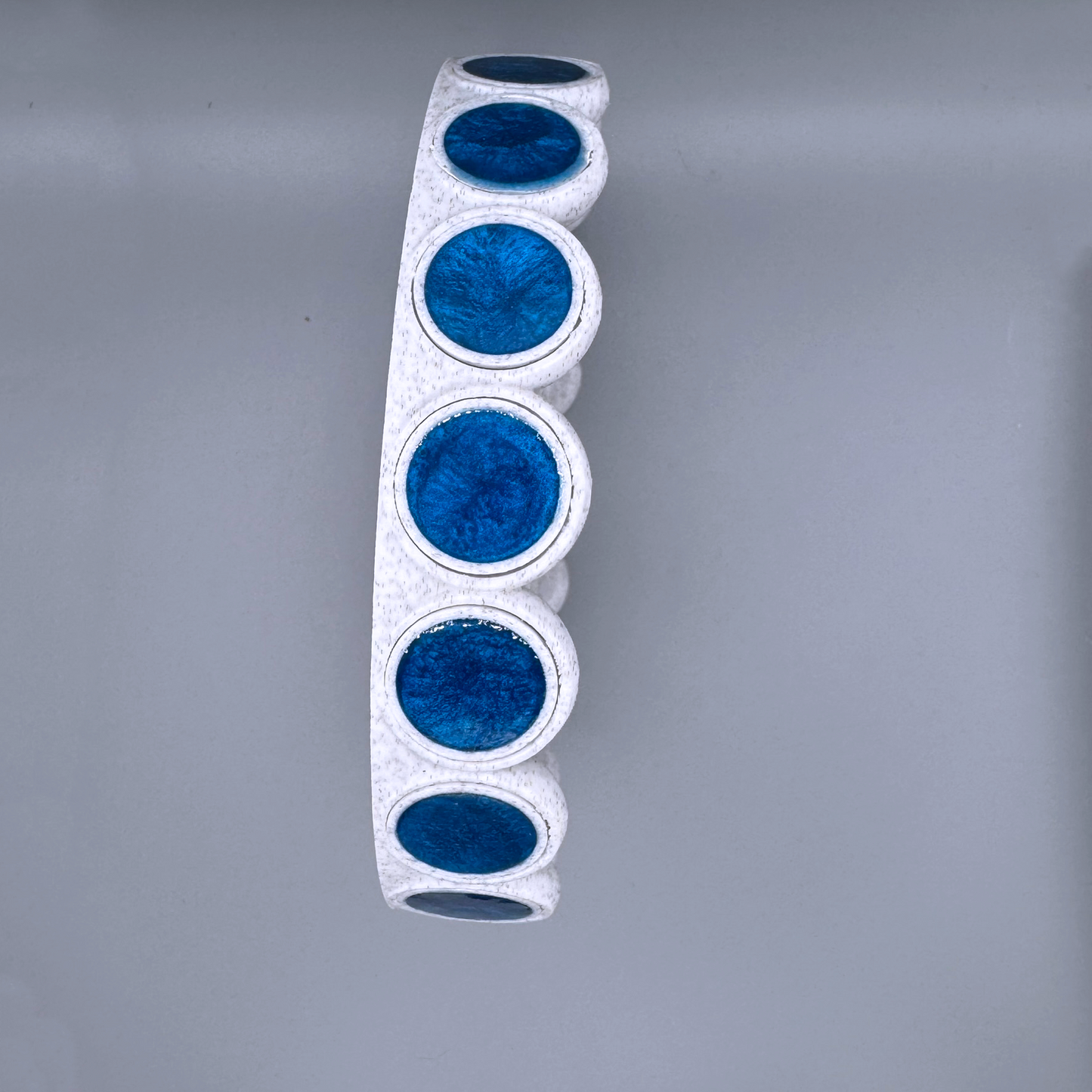 Round 5in white Drip Tray with Repeating Blue Circular Disc Design, planter drip tray, water catcher, water dish