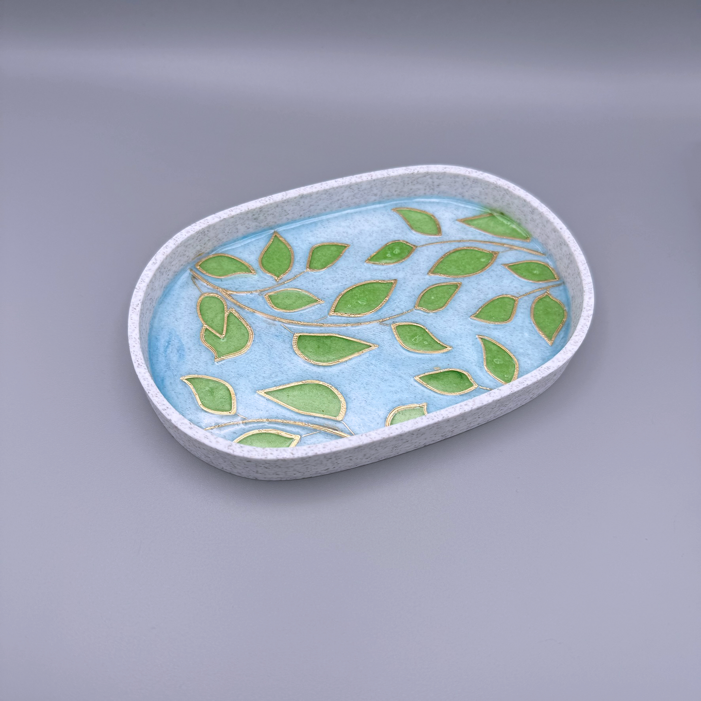 Nature-Inspired Leaf Pattern Trinket Trays with Colorful Resin Inlays, gold accents