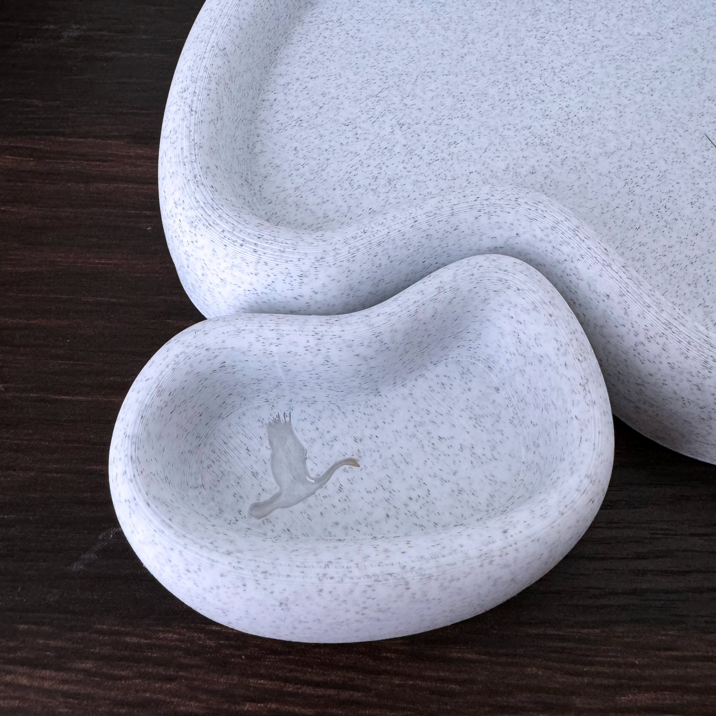 Bathroom organization tray and ring dish with resin colored swan design, organic, minimalistic, modern design, marble textured.