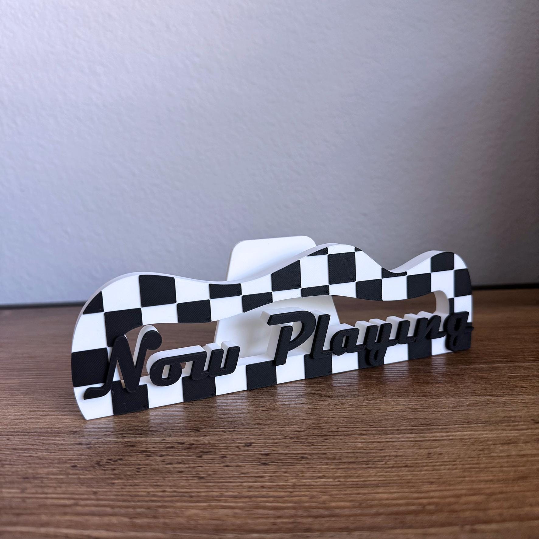 Checker Vinyl Record Stand: Customizable Retro 'Now Playing' or 'Now Spinning" design