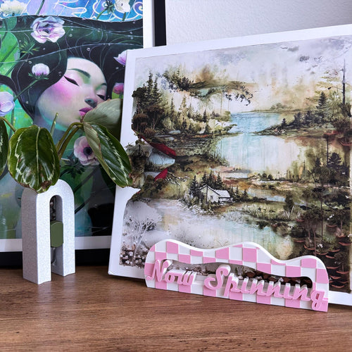 Checker Vinyl Record Stand: Customizable Retro 'Now Playing' or 'Now Spinning" design