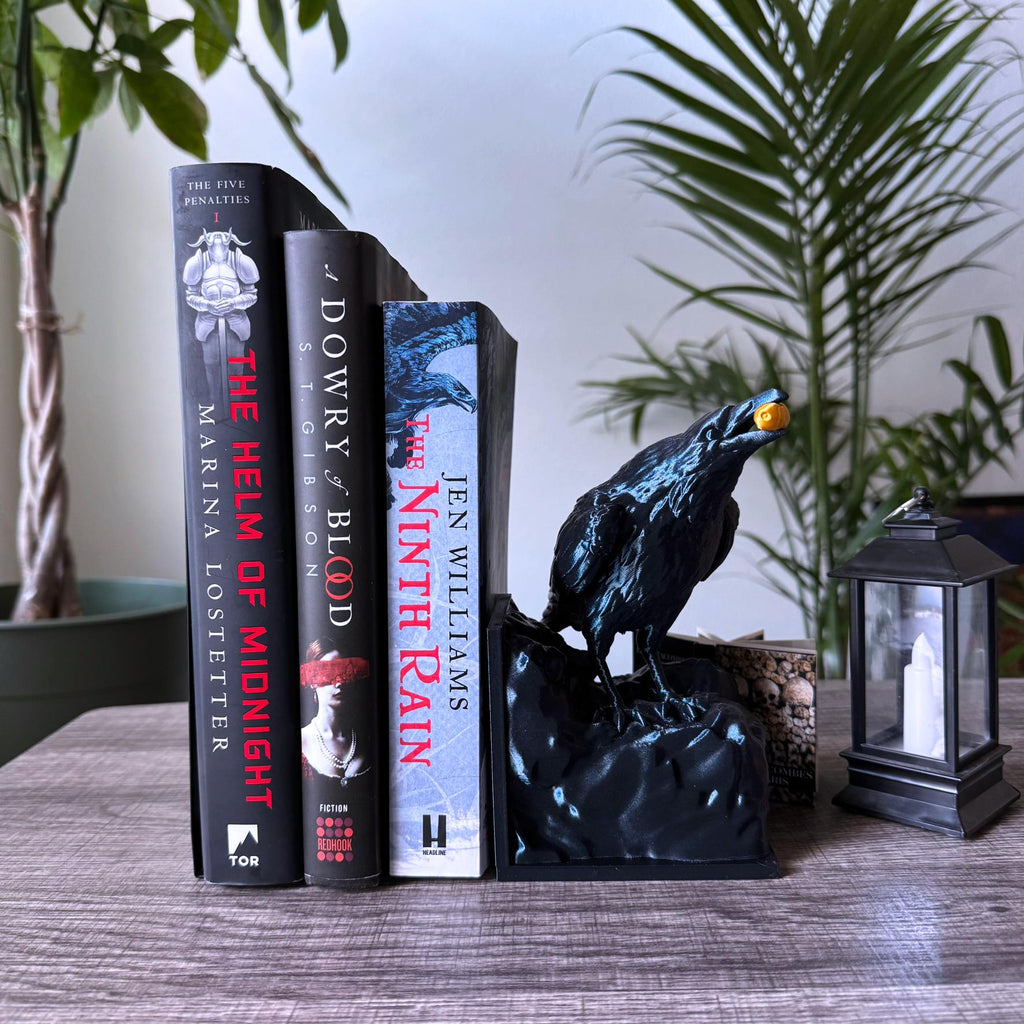 Raven bookend - unique black dark academia crow bookend - novelty bookend - single bookend - Unique simmering black bookend with gold accent