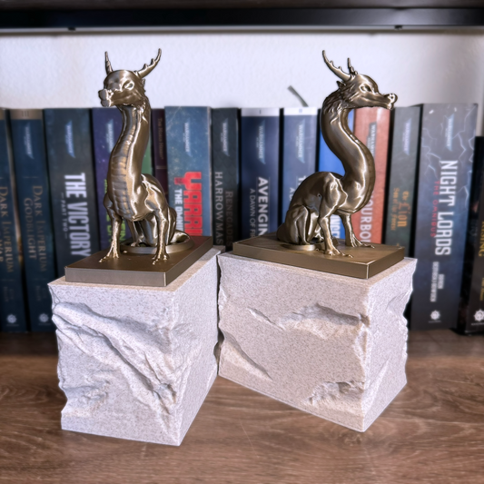 Guardian Dragon Bookends, Majestic Dragon Bookends on tone textures carved pedestals