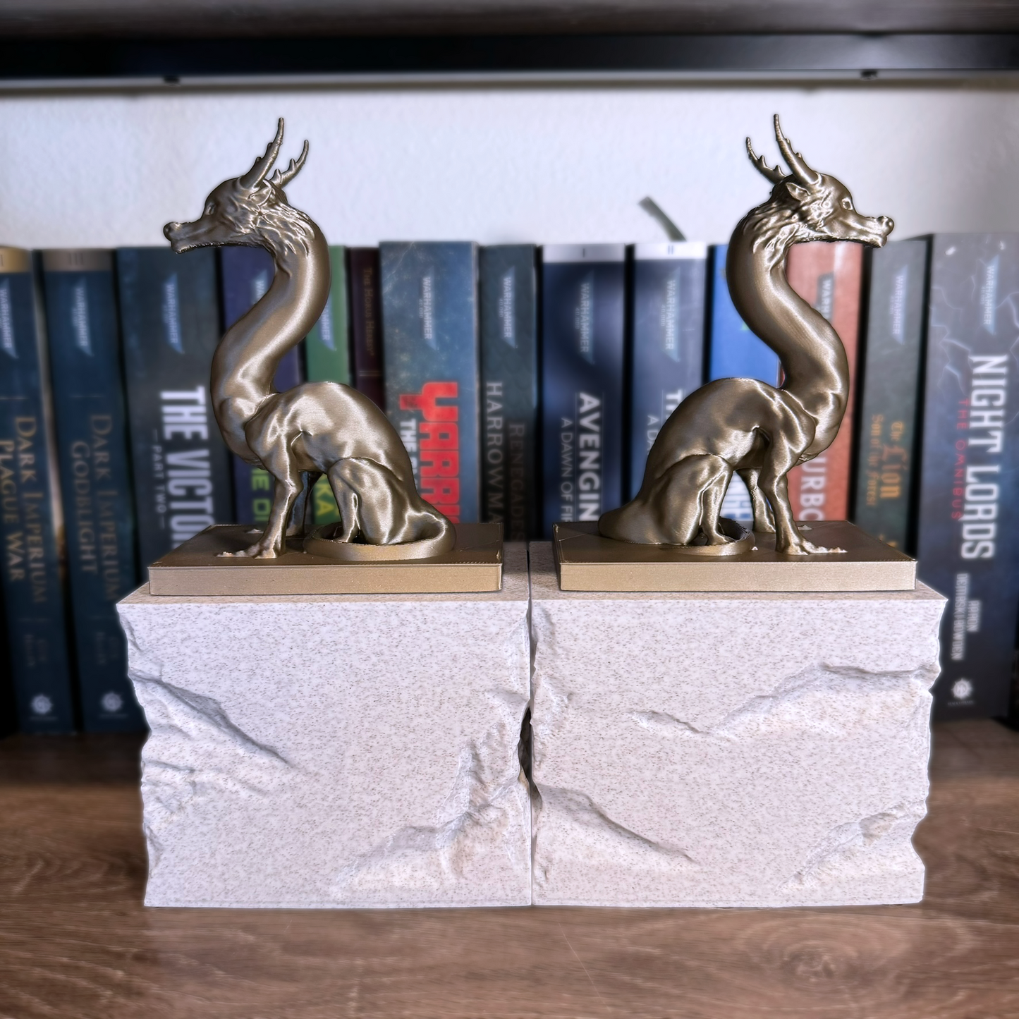 Guardian Dragon Bookends, Majestic Dragon Bookends on tone textures carved pedestals