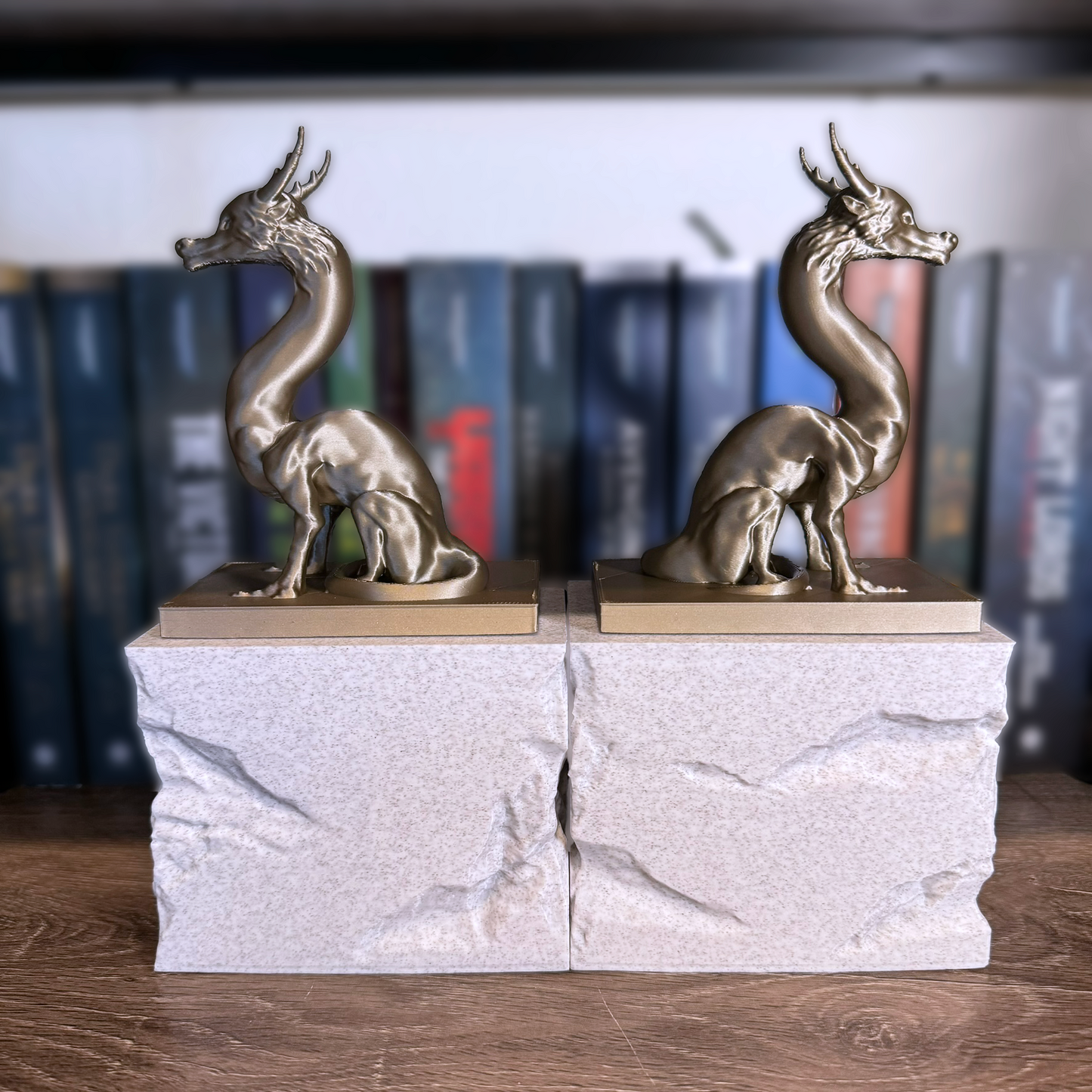 Guardian Dragon Bookends, Majestic Dragon Bookends on tone textures carved pedestals