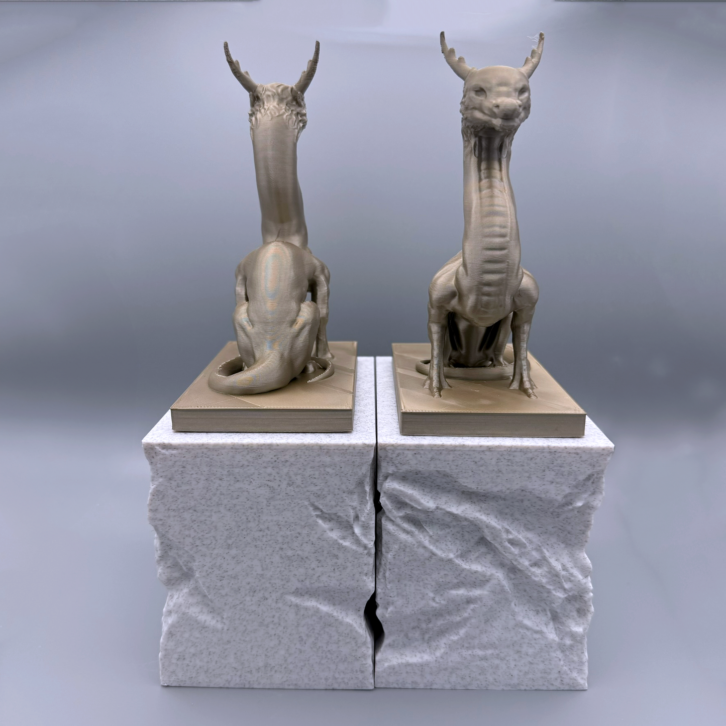 Guardian Dragon Bookends, Majestic Dragon Bookends on tone textures carved pedestals