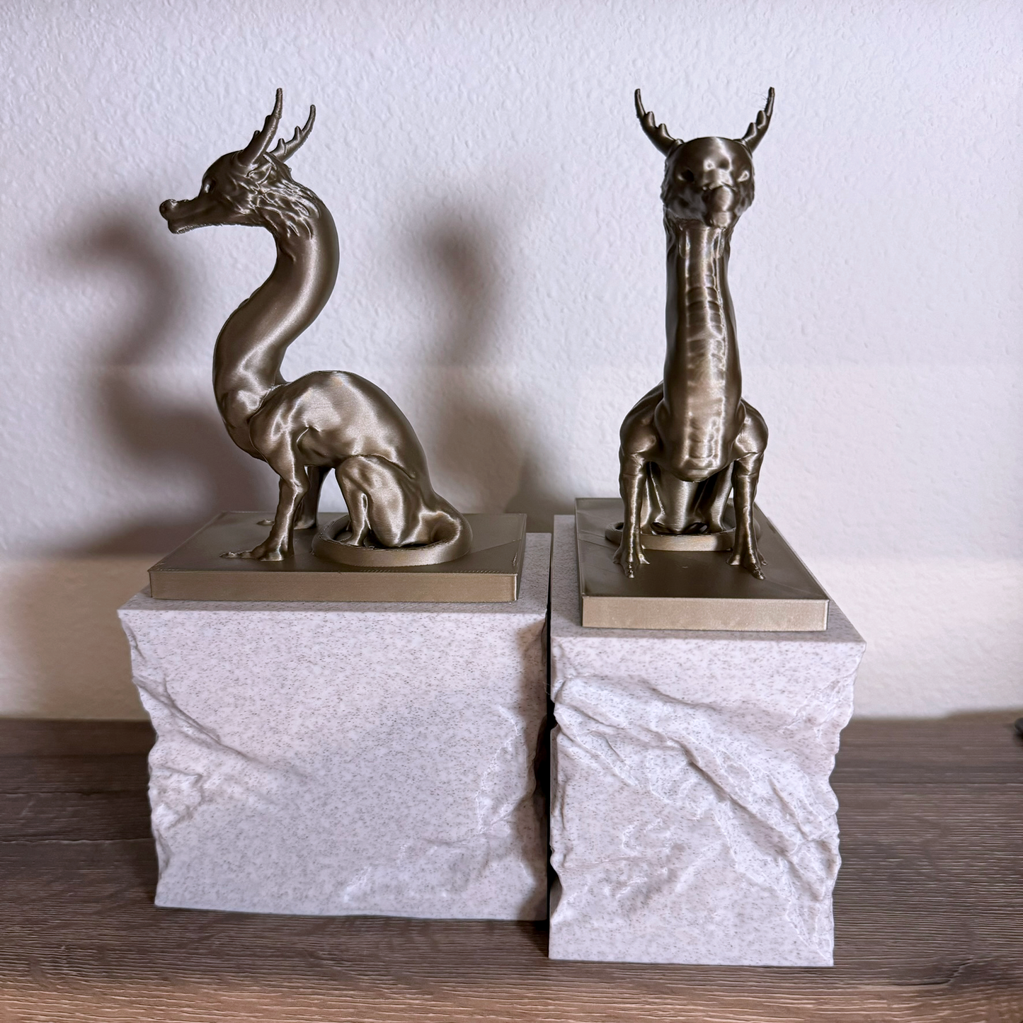 Guardian Dragon Bookends, Majestic Dragon Bookends on tone textures carved pedestals