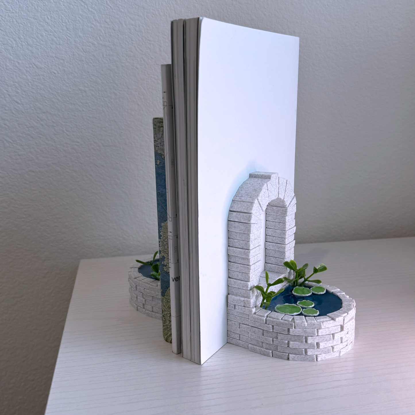 Mystical Arched Bridge Bookends with Resin Ponds - Quaint brick pond Bookends - Enchanted Magical Garden Decor