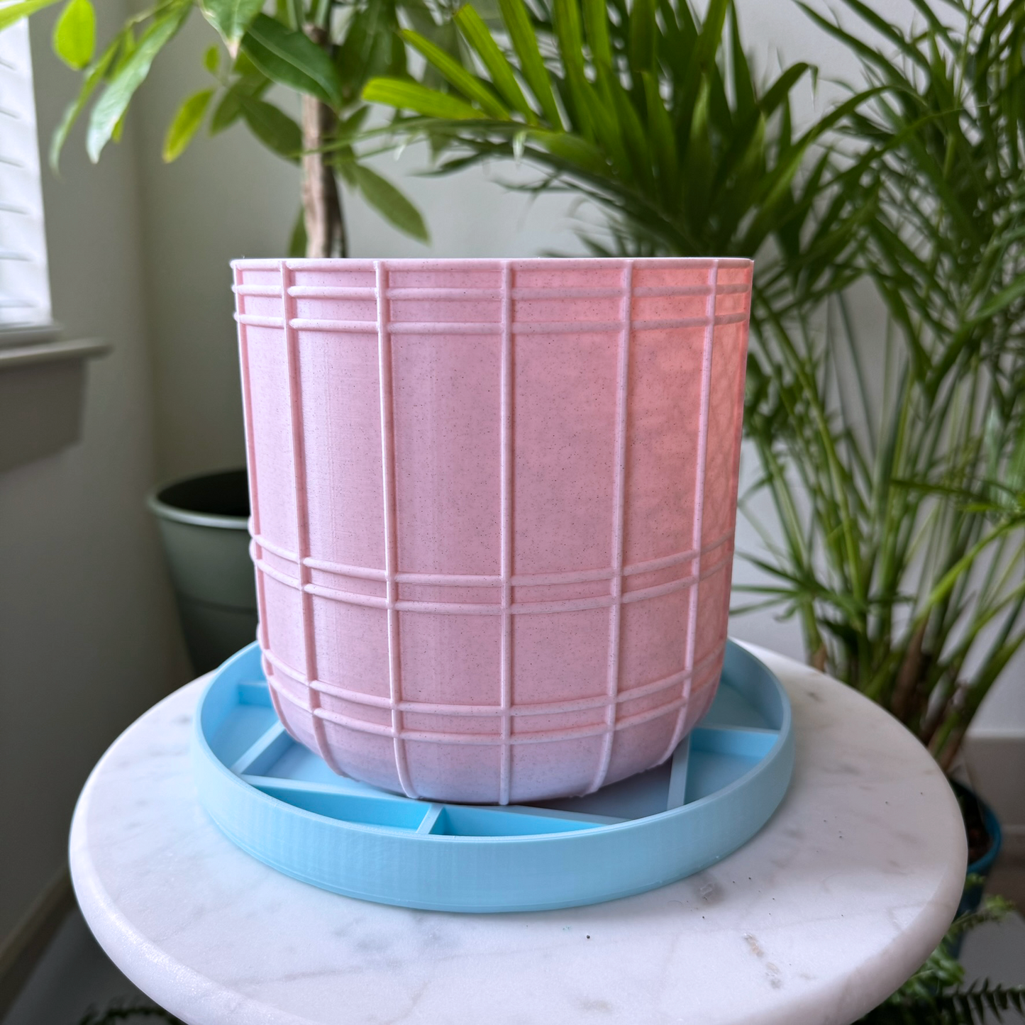 Bubble-gum pink planter, plant pot with pastel blue drip tray, cute, simple bubblegum plant pot