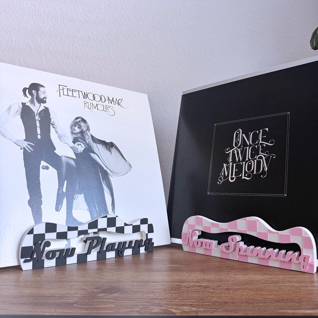 Checker Vinyl Record Stand: Customizable Retro 'Now Playing' or 'Now Spinning" design