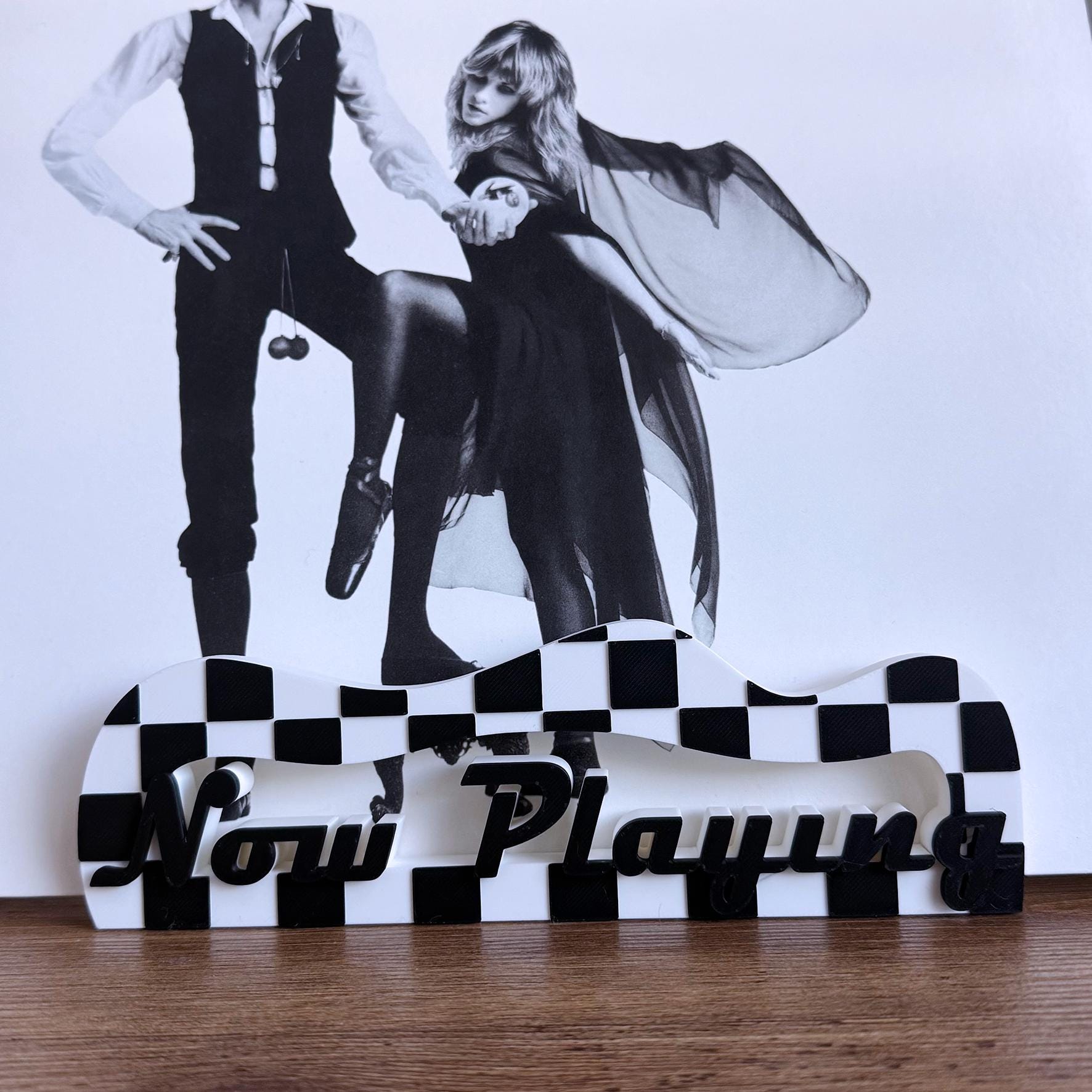 Checker Vinyl Record Stand: Customizable Retro 'Now Playing' or 'Now Spinning" design