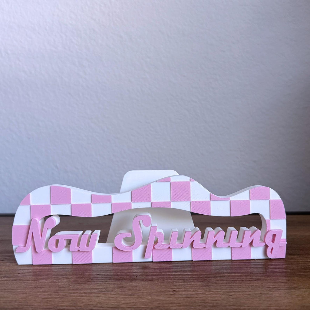 Checker Vinyl Record Stand: Customizable Retro 'Now Playing' or 'Now Spinning" design