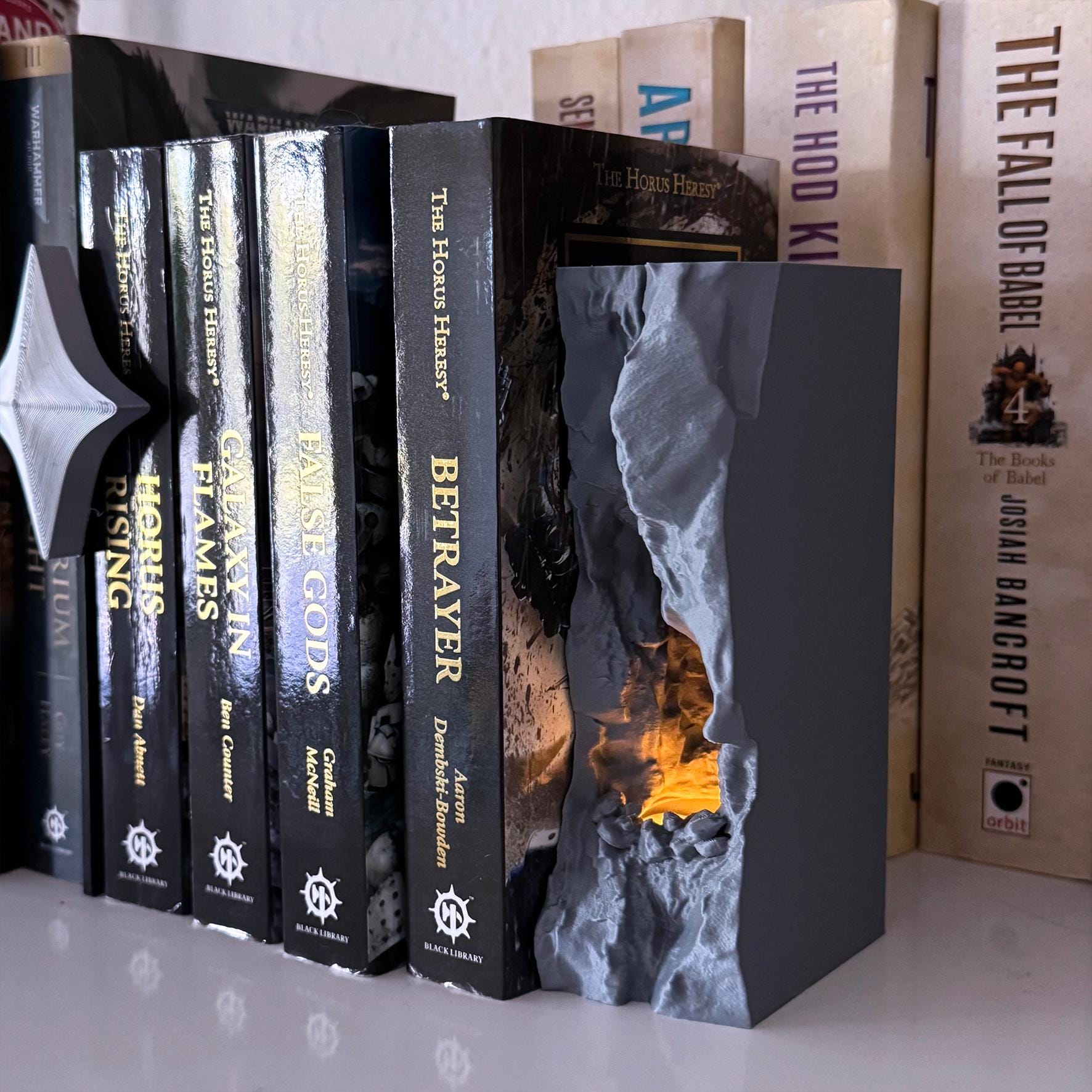 Cave Bookend with Flickering Flame - Single novelty bookend with lighting feature - Book nook