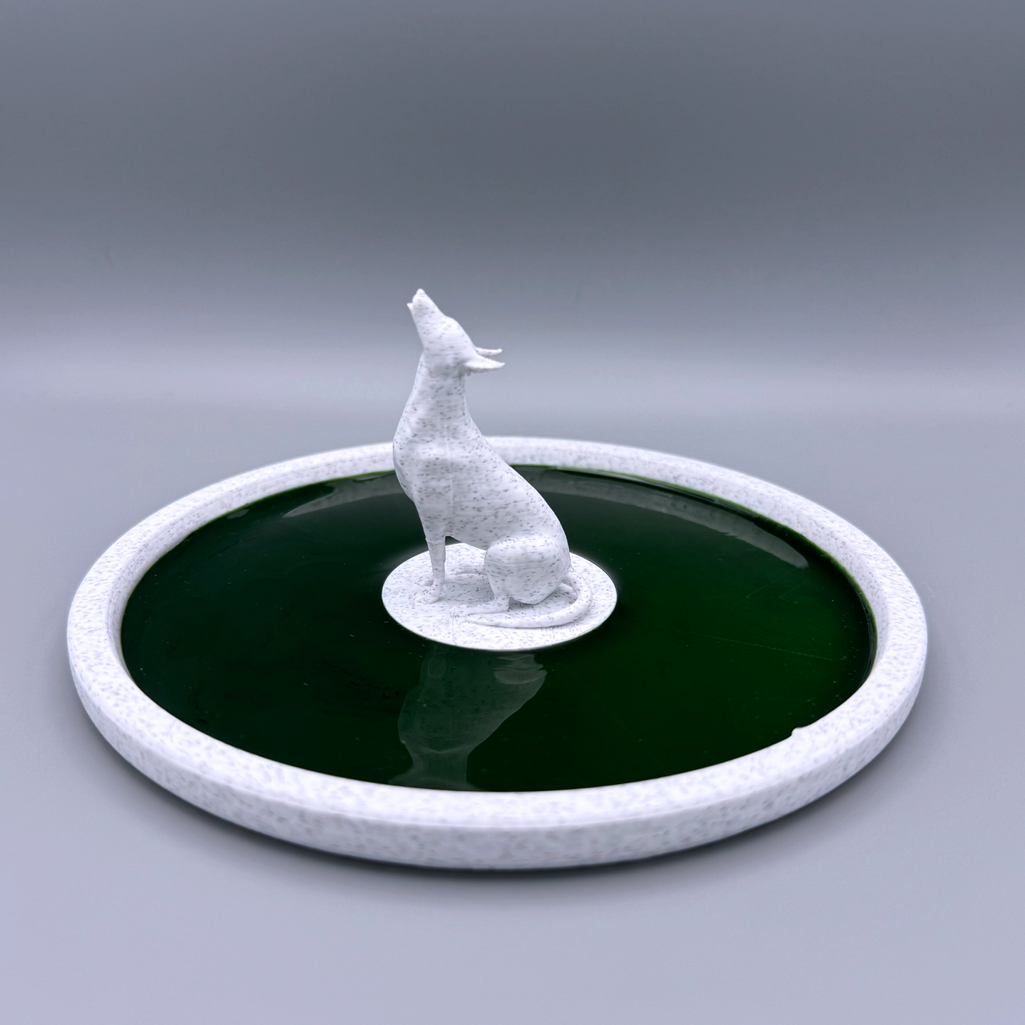 Decorative howling dog jewelry tray, with deep green resin dish