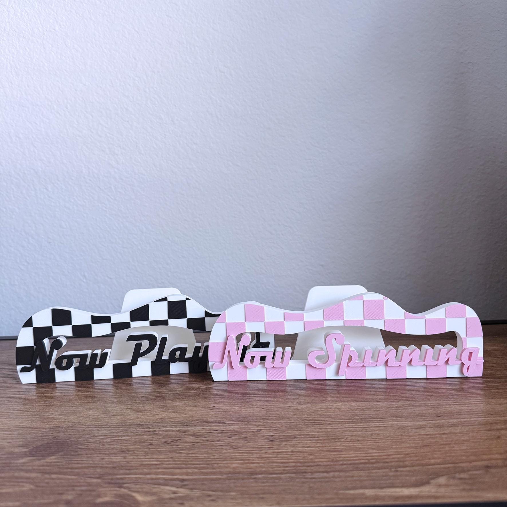 Checker Vinyl Record Stand: Customizable Retro 'Now Playing' or 'Now Spinning" design