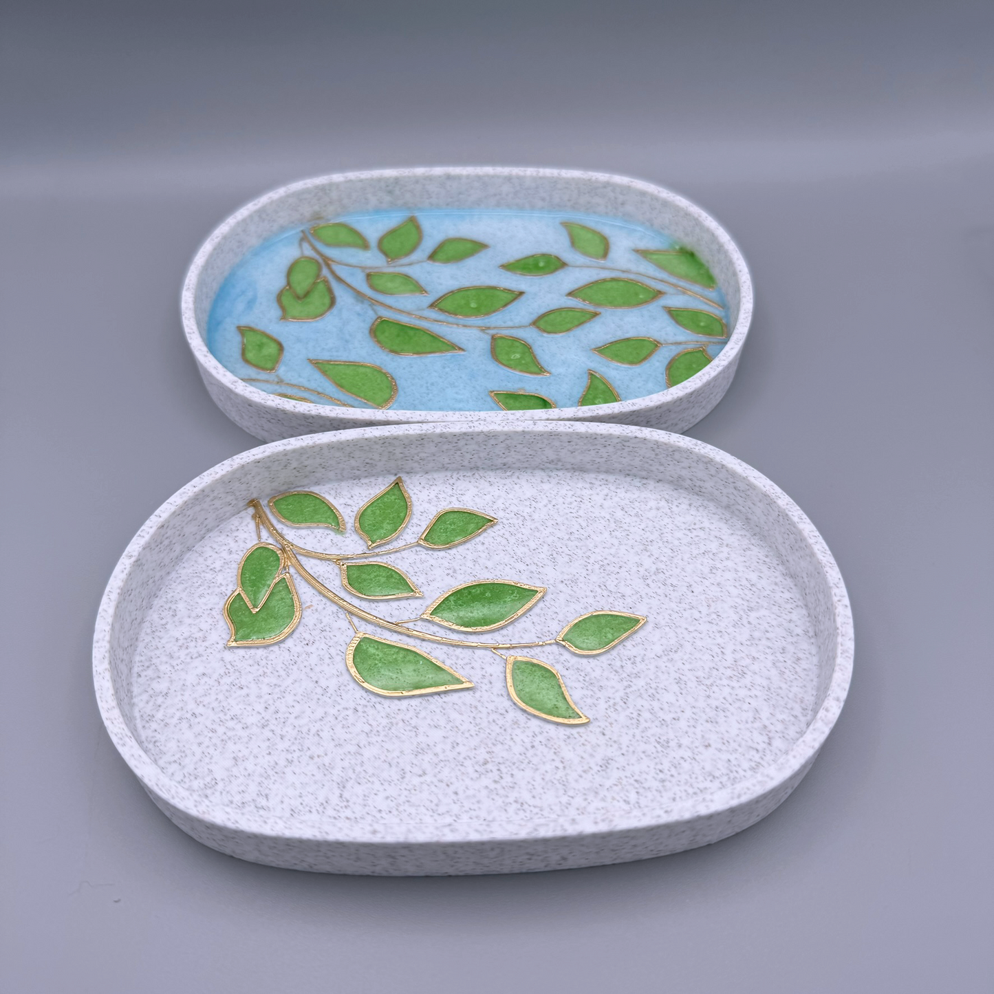 Nature-Inspired Leaf Pattern Trinket Trays with Colorful Resin Inlays, gold accents