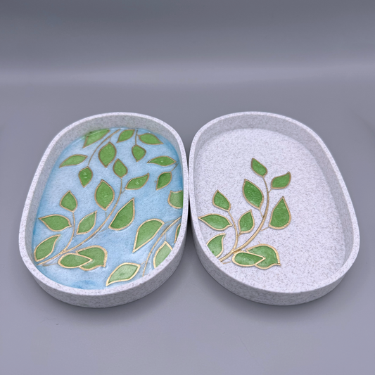 Nature-Inspired Leaf Pattern Trinket Trays with Colorful Resin Inlays, gold accents