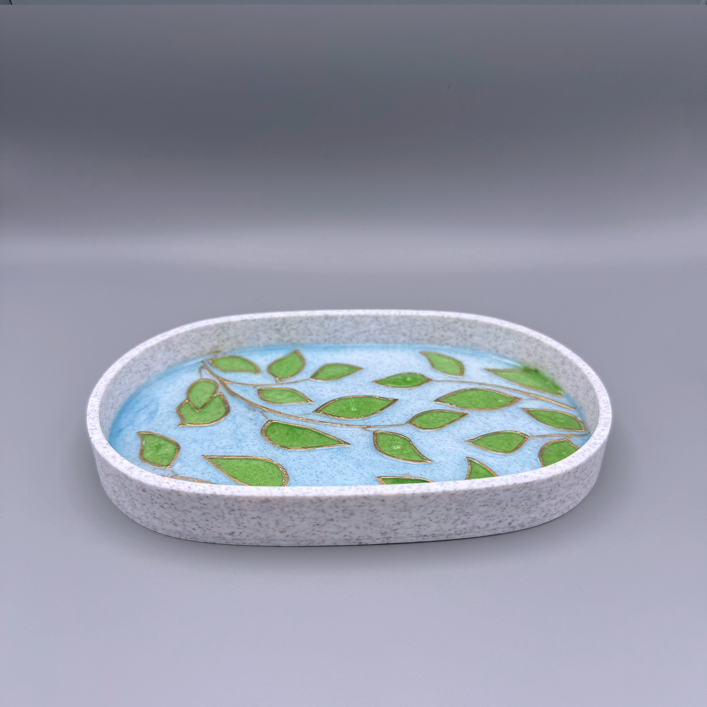 Nature-Inspired Leaf Pattern Trinket Trays with Colorful Resin Inlays, gold accents