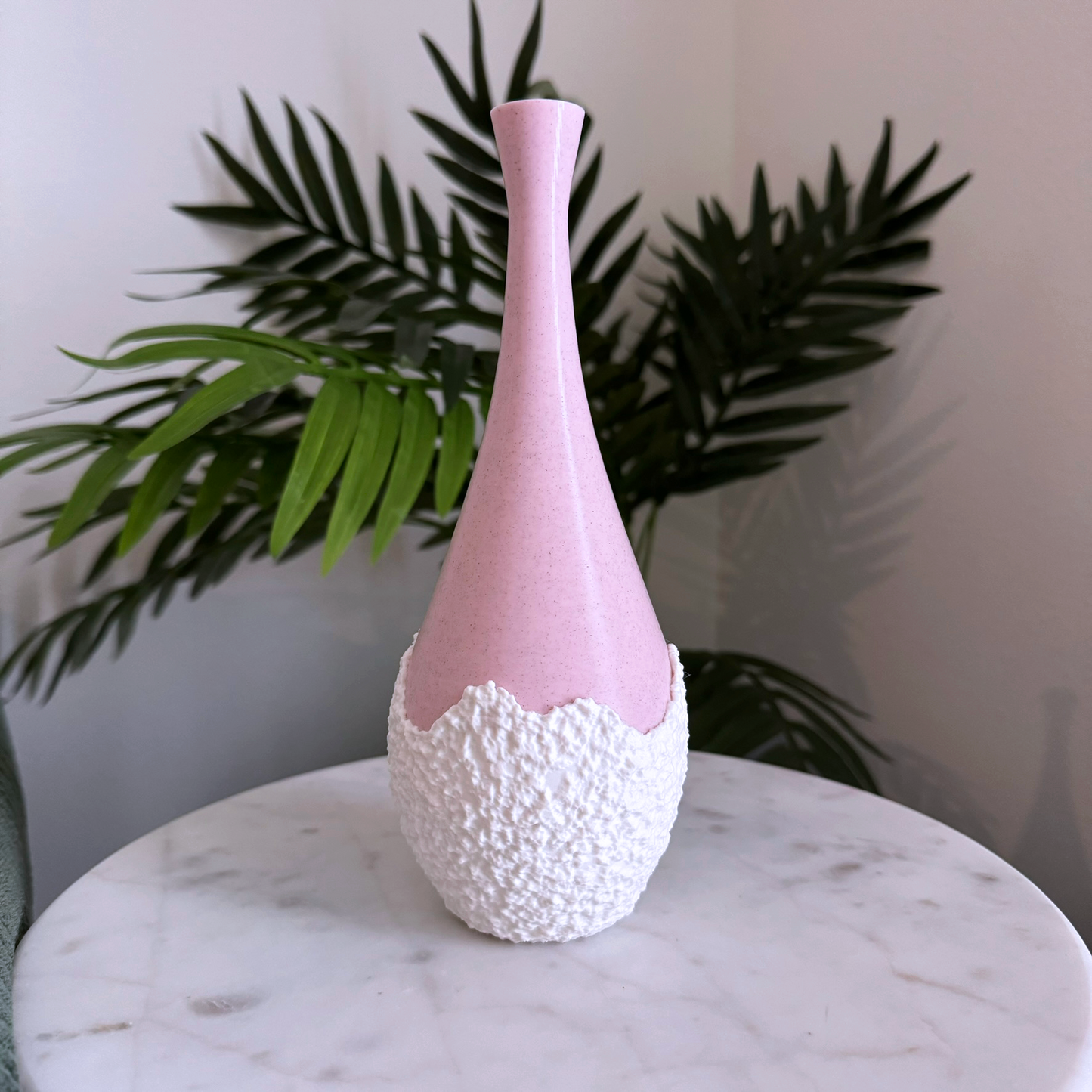 Single flower tall teardrop-shape pink and white vase, pink vase tear drop vase, modern vase, flower vase, decorative vase