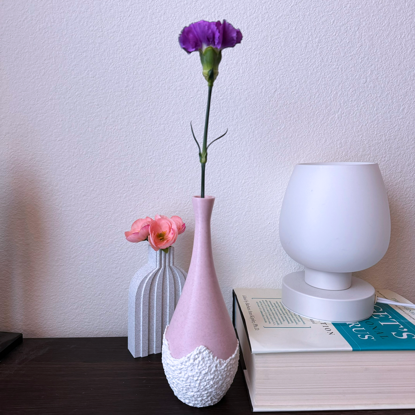 Single flower tall teardrop-shape pink and white vase, pink vase tear drop vase, modern vase, flower vase, decorative vase