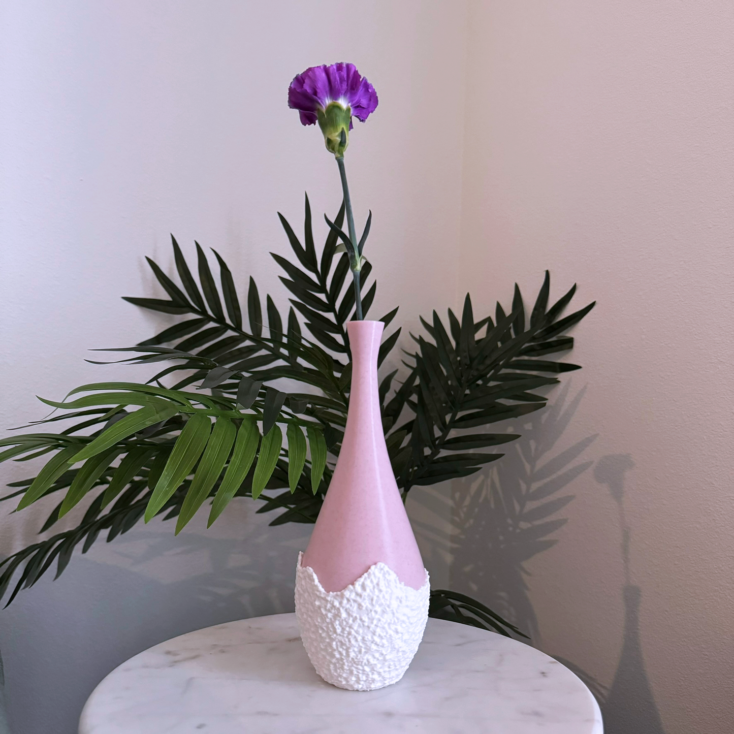 Single flower tall teardrop-shape pink and white vase, pink vase tear drop vase, modern vase, flower vase, decorative vase